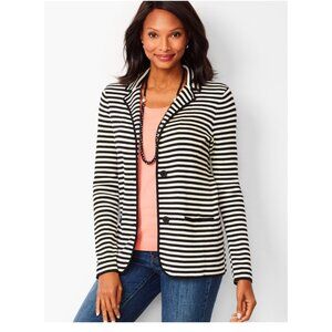 Talbots Womens Striped Blazer Jacket L Black & cream Cotton  Blend Button Front